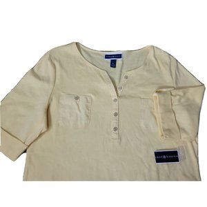 NEW Karen Scott Women's XL Yellow Henley Top Front Pockets Stretch Lightweight